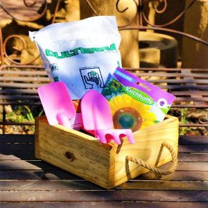 Wooden Box With Kiddies Plastic Tool set, Potting Soil And Packet of seeds