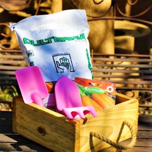 Wooden Box With Kiddies Plastic Tool set, Potting Soil And Packet of seeds