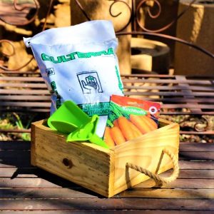 Wooden Box With Kiddies Plastic Tool set, Potting Soil And  Packet of seeds